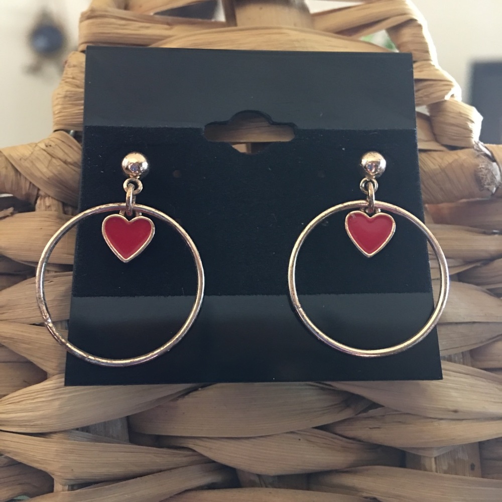 Vintage gold tone red enamel heart earrings